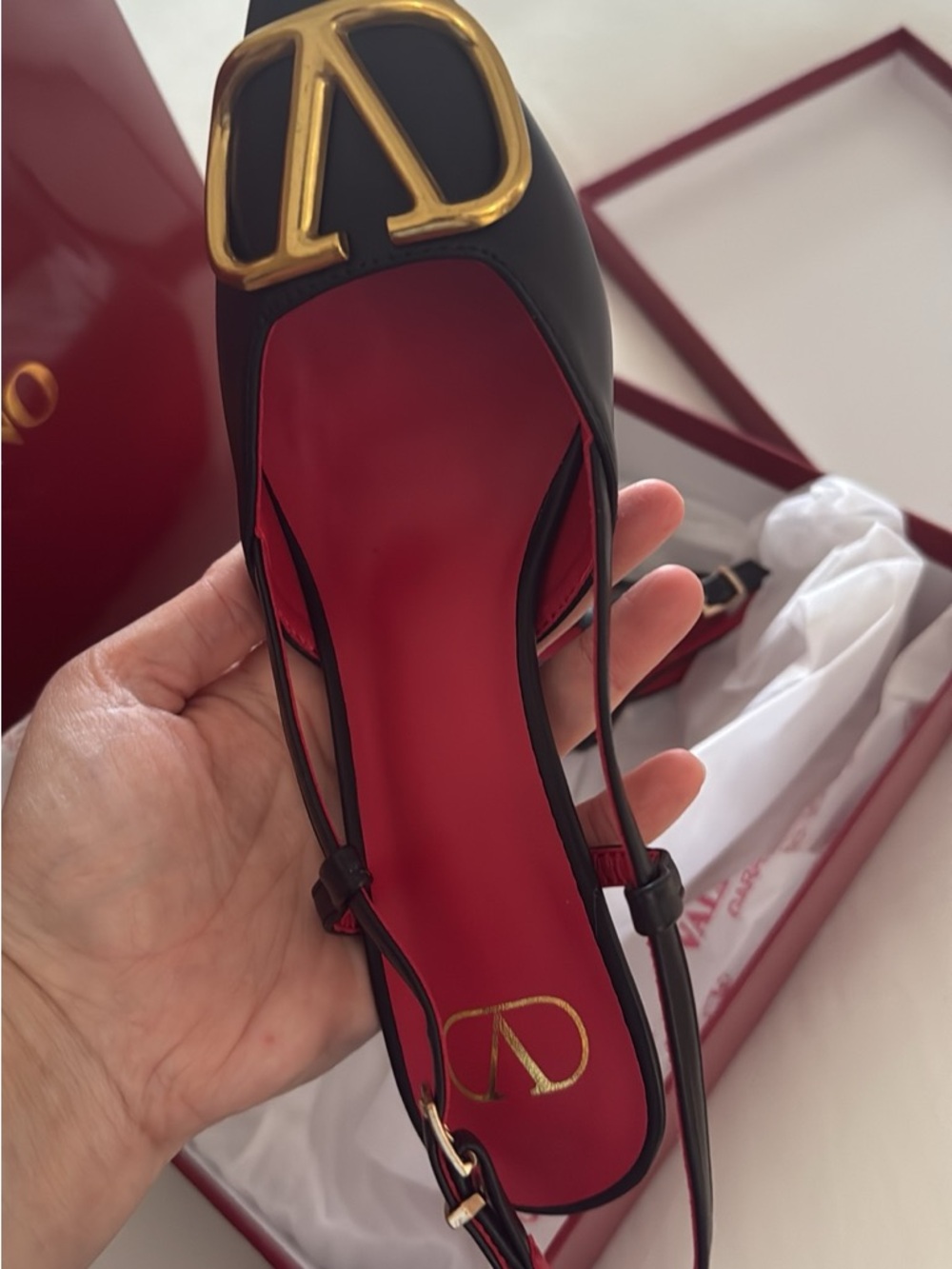 Valentino Black Slingback Flats with Red Insole and Gold Logo